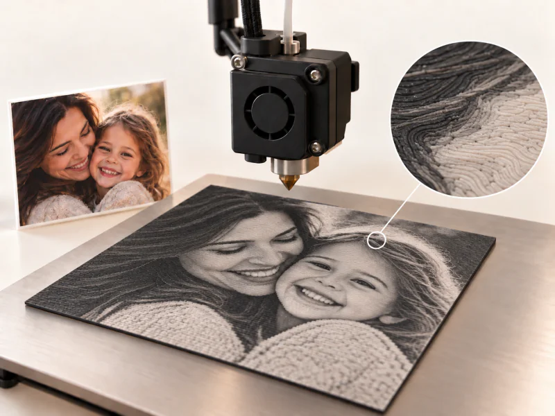 Illustrative visualization of the personalized artwork being printed in layers, with an enlarged view of the 3D texture
