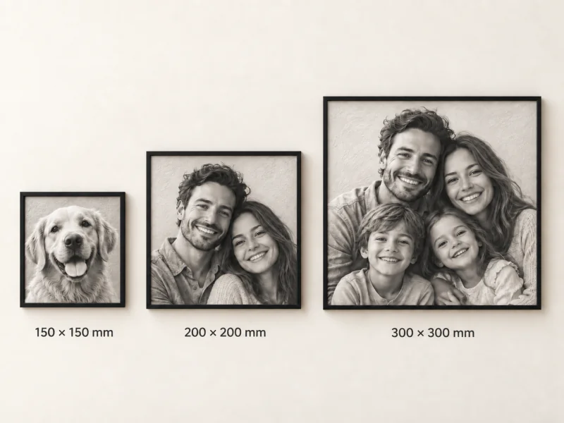 Illustrative visualization of the three framed artwork sizes: 150, 200 and 300 millimeters