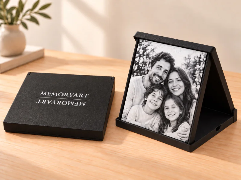 Illustrative visualization of the premium box closed and transformed into a tabletop photo frame