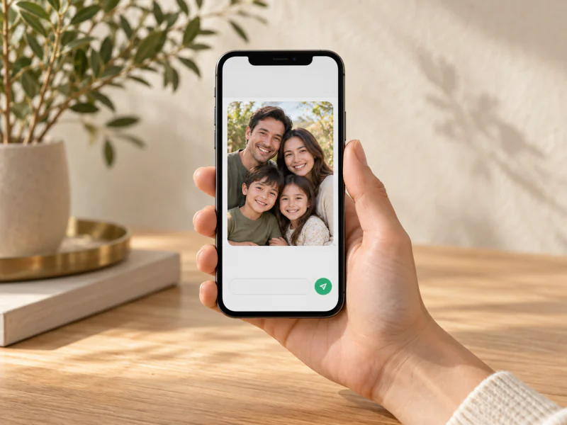 Phone sending a family photo via WhatsApp for evaluation