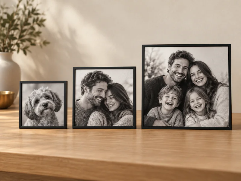 Three framed artworks representing the available sizes
