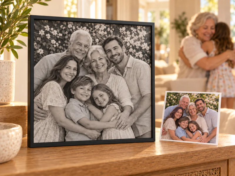 A family visit preserved as framed artwork