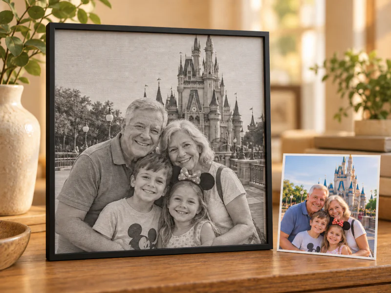 Grandparents and grandchildren at Magic Kingdom preserved as framed artwork