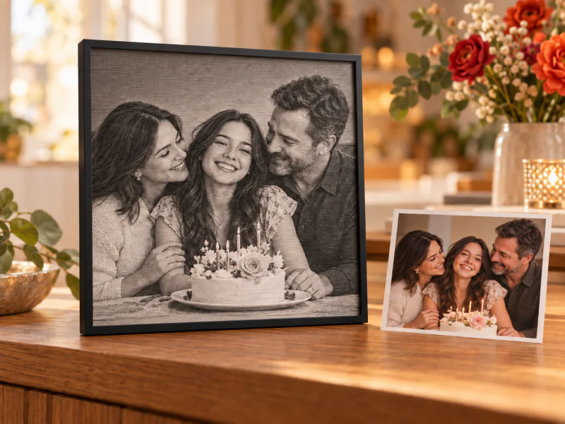 A family celebration preserved as framed artwork